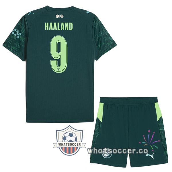 Manchester City (Erling Haaland 9) Kids Fourth Soccer Jerseys Green 2025-2026
