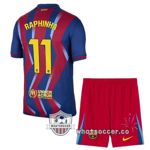 FC Barcelona (RAPHINHA 11) Kids Fourth Soccer Jerseys Blue Red 2025-2026 FC Barcelona (RAPHINHA 11) Kids Fourth Soccer Jerseys Blue Red 2025-2026