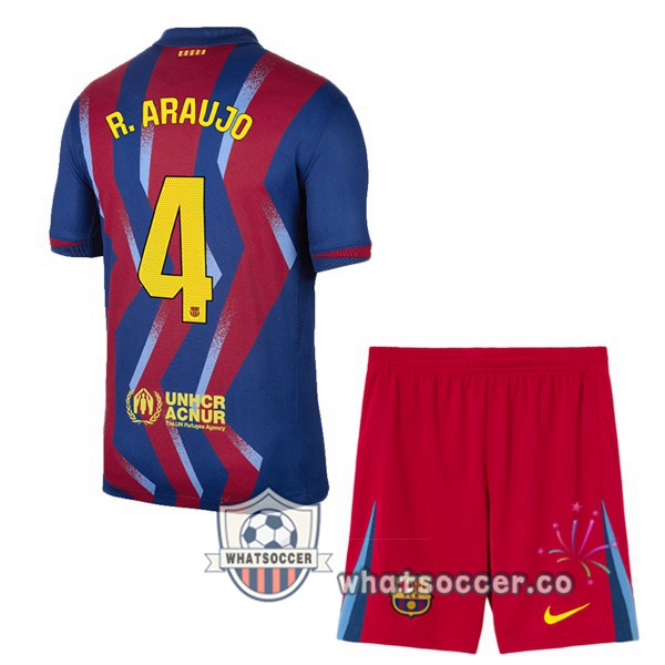 FC Barcelona (R. ARAUJO 4) Kids Fourth Soccer Jerseys Blue Red 2025-2026 FC Barcelona (R. ARAUJO 4) Kids Fourth Soccer Jerseys Blue Red 2025-2026