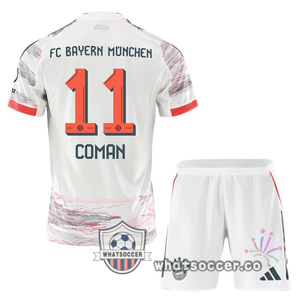 Bayern Munich (Coman 11) Kids Away Soccer Jerseys White 2025-2026