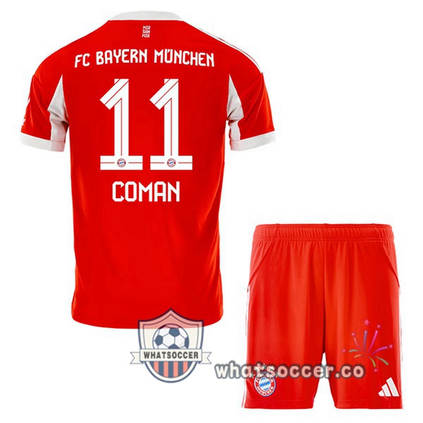 Bayern Munich (Coman 11) Kids Home Soccer Jerseys Red 2025-2026