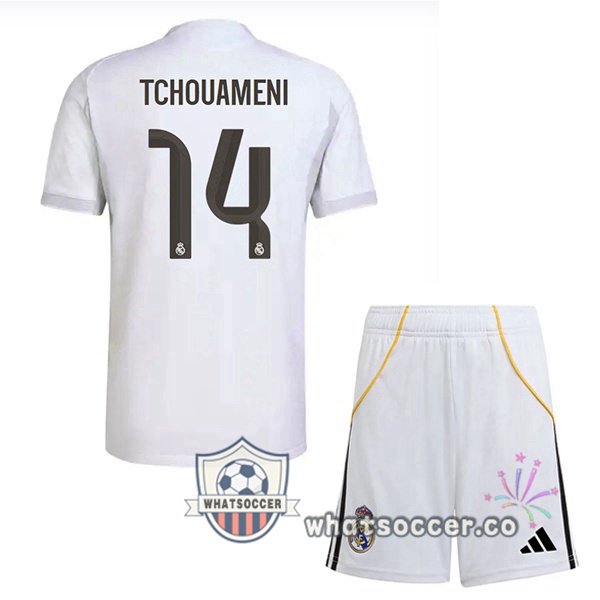 Real Madrid (Tchouameni 14) Kids Home Soccer Jerseys White 2025-2026