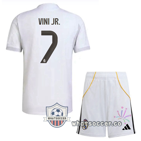 Real Madrid (Vini Jr. 7) Kids Home Soccer Jerseys White 2025-2026
