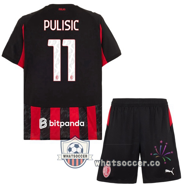 AC Milan (Pulisic 11) Kids Home Soccer Jerseys Red Black 2025-2026
