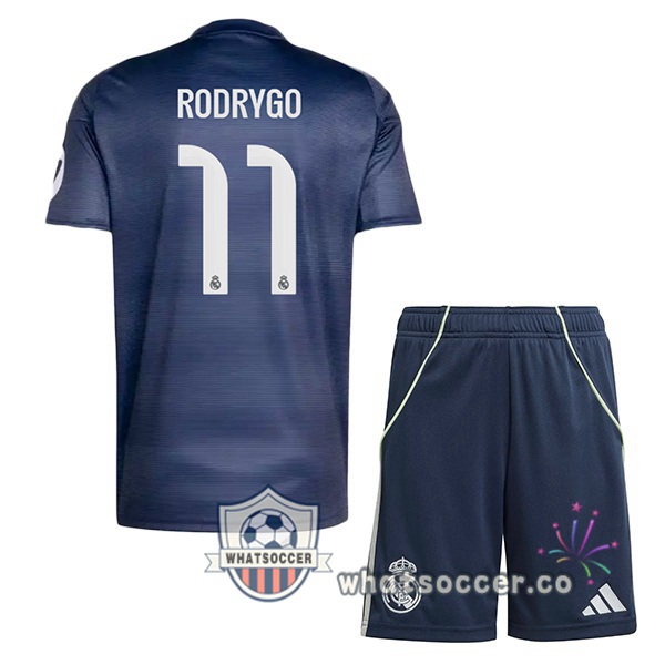 Real Madrid (Rodrygo 11) Kids Away Soccer Jerseys Blue Royal 2025-2026