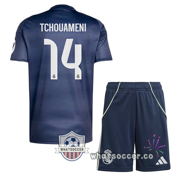 Real Madrid (Tchouameni 14) Kids Away Soccer Jerseys Blue Royal 2025-2026