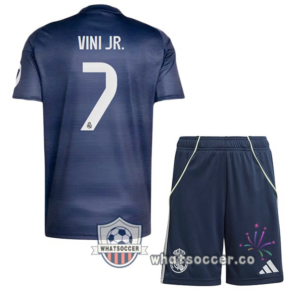 Real Madrid (Vini Jr. 7) Kids Away Soccer Jerseys Blue Royal 2025-2026