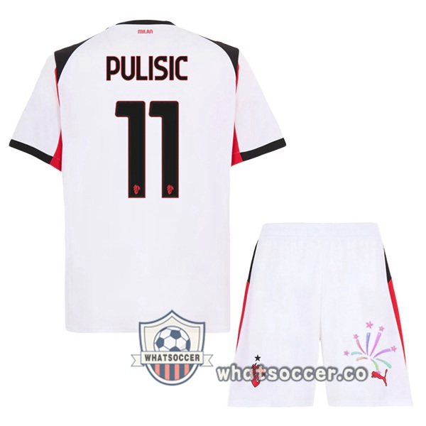 AC Milan (Pulisic 11) Kids Away Soccer Jerseys White 2025-2026