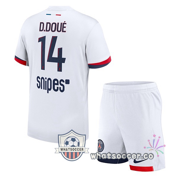 Paris PSG (D. Doué 14) Kids Away Soccer Jerseys White 2025-2026