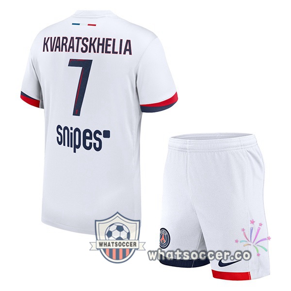 Paris PSG (Kvaratskhelia 7) Kids Away Soccer Jerseys White 2025-2026