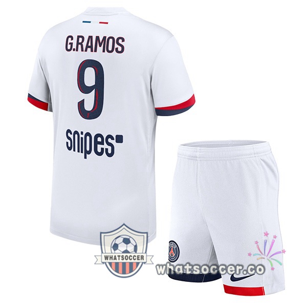 Paris PSG (G. Ramos 9) Kids Away Soccer Jerseys White 2025-2026