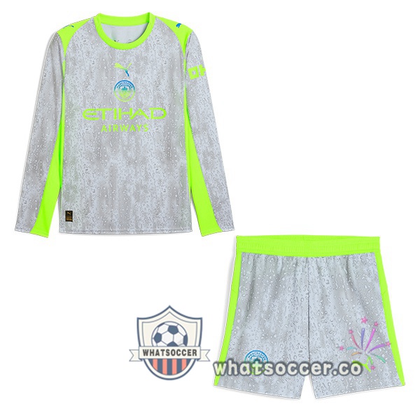 Manchester City Kids Third Soccer Jerseys Long Sleeve Gray Green 2025-2026