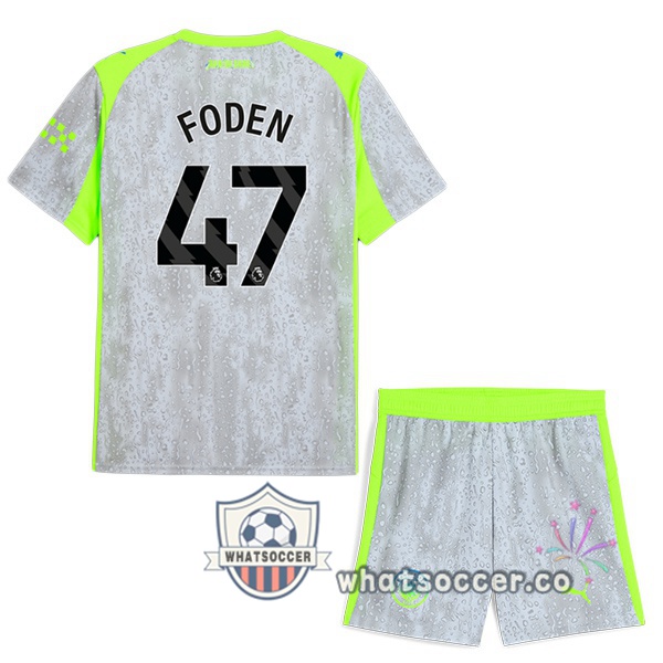 Manchester City (Phil Foden 47) Kids Third Soccer Jerseys Gray Green 2025-2026