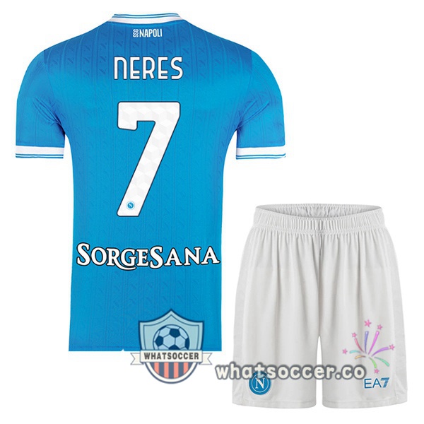 SSC Napoli (David Neres 7) Kids Home Soccer Jerseys Blue 2025-2026