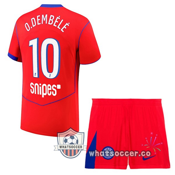 Paris PSG (O. Dembélé 10) Kids Third Soccer Jerseys Red 2025-2026