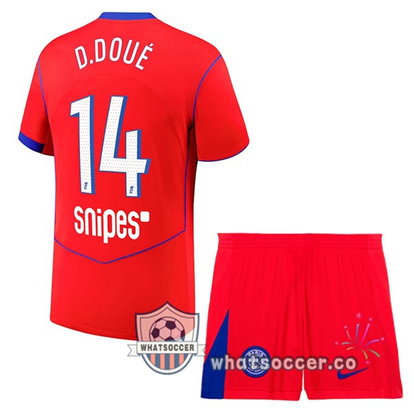 Paris PSG (D. Doué 14) Kids Third Soccer Jerseys Red 2025-2026
