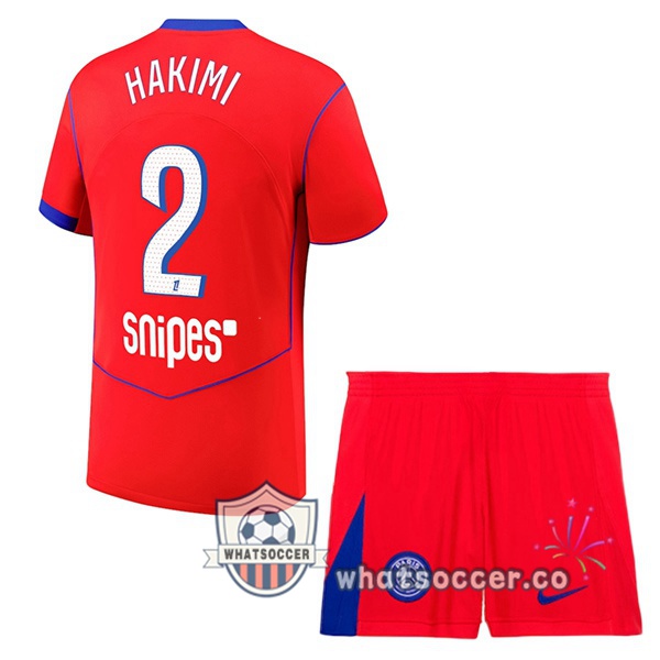 Paris PSG (Hakimi 2) Kids Third Soccer Jerseys Red 2025-2026