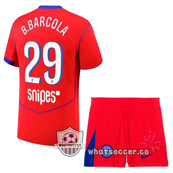 Paris PSG (B.Barcola 29) Kids Third Soccer Jerseys Red 2025-2026