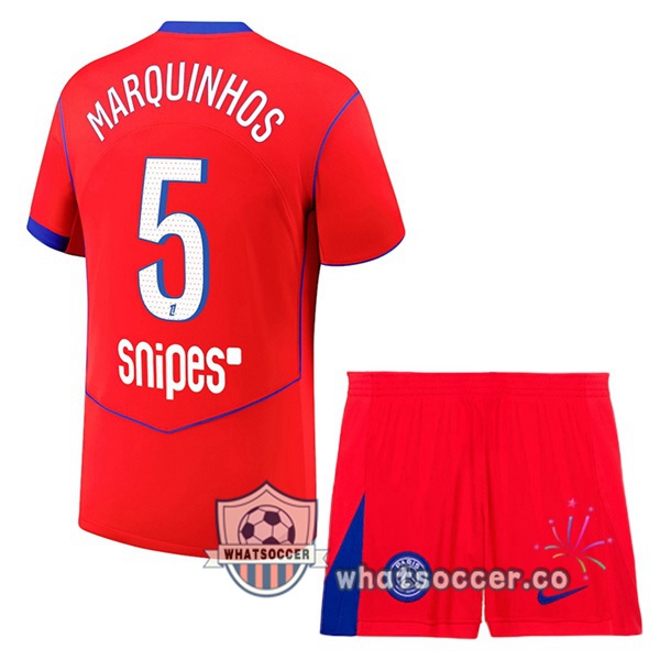 Paris PSG (Marquinhos 5) Kids Third Soccer Jerseys Red 2025-2026