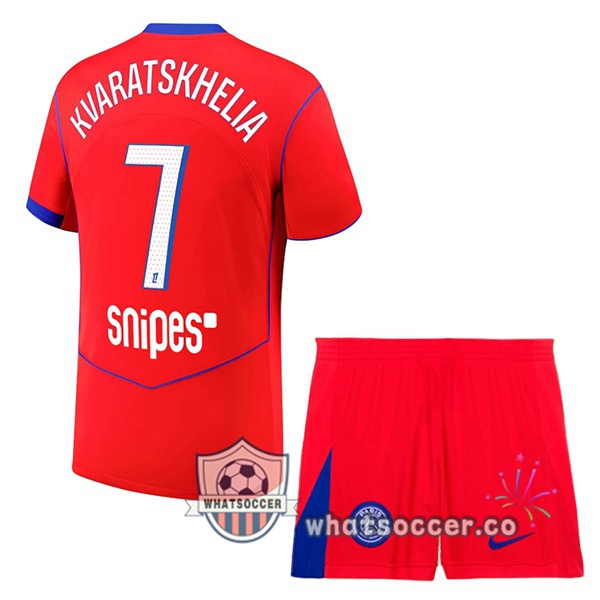 Paris PSG (Kvaratskhelia 7) Kids Third Soccer Jerseys Red 2025-2026