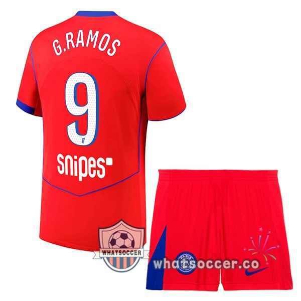 Paris PSG (G. Ramos 9) Kids Third Soccer Jerseys Red 2025-2026