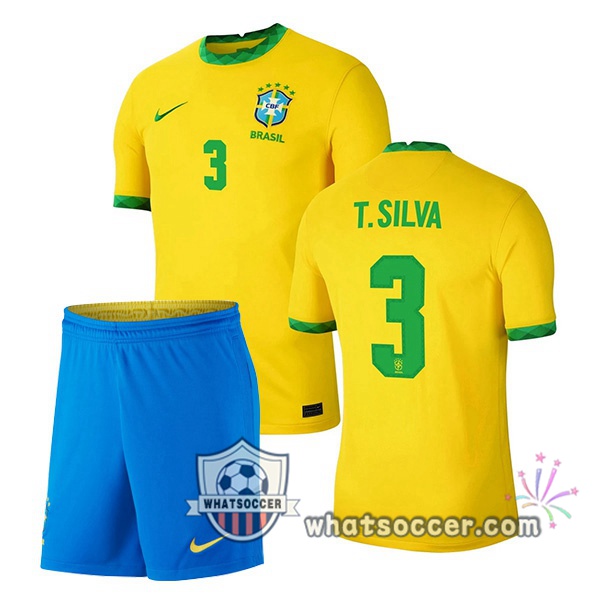 Brazil (T.SILVA 3) Kids Home Soccer Jerseys 2020-2021