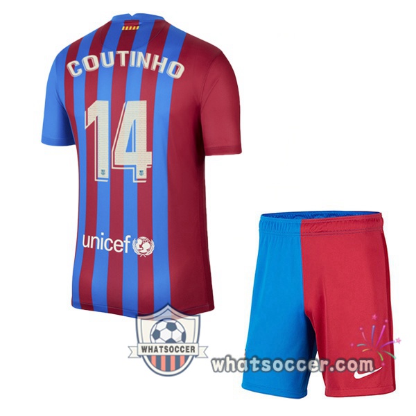 FC Barcelona (Coutinho 14) Kids Home Soccer Jerseys 2021-2022